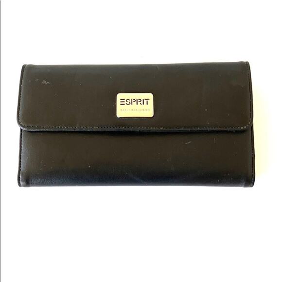 Esprit Women's Black Leather Tri Fold Organizer Envelope Clutch Wallet - Picture 1 of 10
